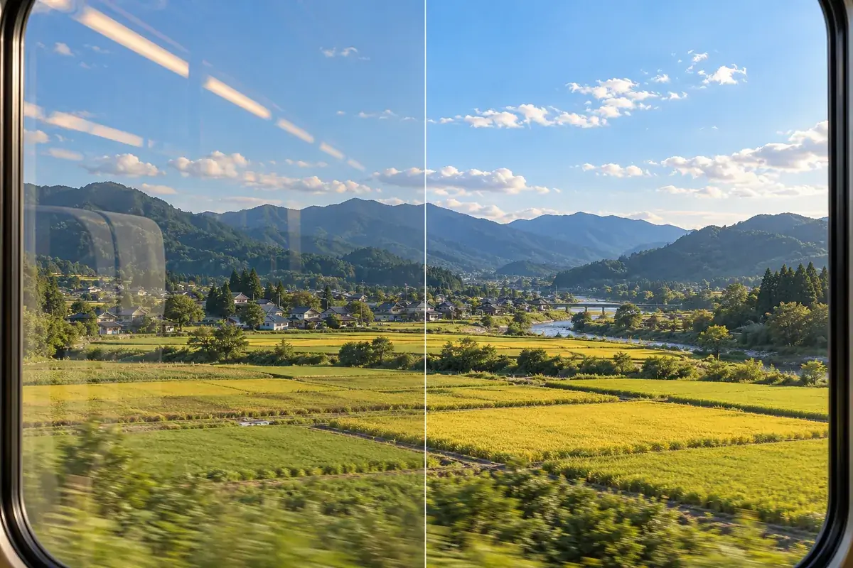 Indoor lights reflected in car or train windows